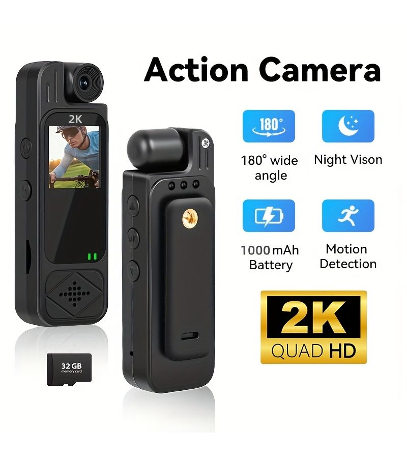 Wearable Portable Body Camera 2K Full HD Recording Compact Camcorder Infrared Night Vision Motion Detection 180 Degree Lens Adjustment 32GB Card Y9-CAM - Image 1