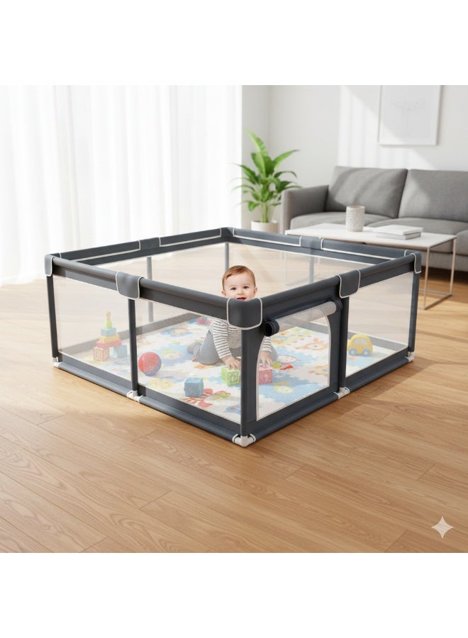 BLOOMING TIME Baby Playpen, Extra Large Playard for Babies, Portable Indoor Outdoor Toddlers Safety Play Yard Activities with Breathable Mesh & Zipper Door,Grey150*180cm (without ball) - Image 1
