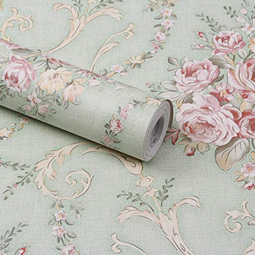 wolpin Wall Stickers DIY Wallpaper (45 x 500 CM, Sage Green) | Botanical Damask Flower Self Adhesive PVC Roll | Home Decoration for Living Room Hall Bedroom | Easy Peel and Stick Décor Paper - Image 1