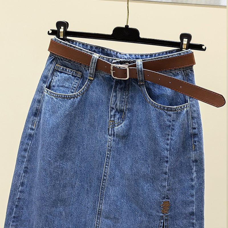 Clearance Store Cut Label 2023 New Embroidered High Waist Hip Split Denim Skirt Womens Autumn a Trendy Belt
