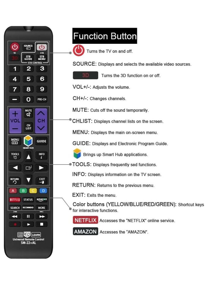 Universal Remote Control Compatible Replacement for Samsung TV/ 3D/ LCD/LED/HDTV/Smart TV, AA59-00666A BN59-01178W BN59-01199F AA59-00638A AA59-00637A AA59-00594A AA59-00600A AA59-0