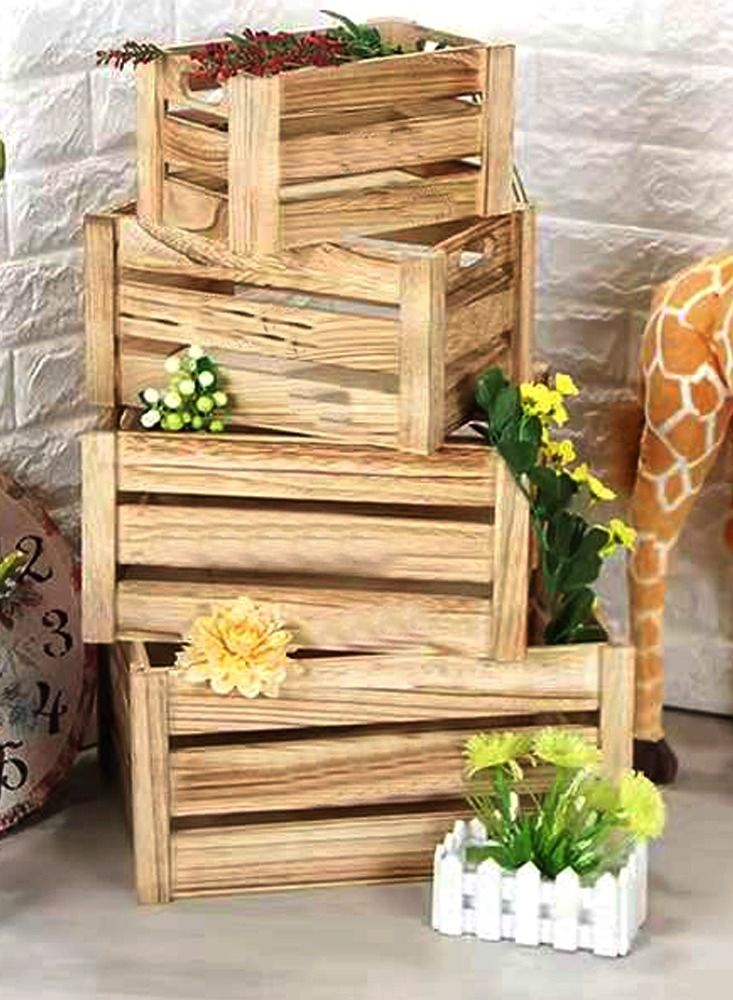 LINGWEI Wooden Storage Box 4 pcs Set With Handles Solid Wood Boxes Rustic Farmhouse Style For Display Decorative Bamboo Crates Home Basket Beige - Image 1