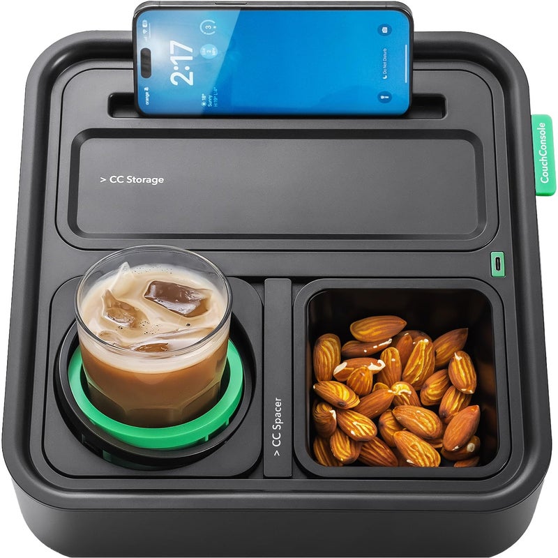 CouchConsole Original Tray  Drinks  Snacks Sofa Caddy with Armrest Table with Phone Stand TV Remote Control Storage and Organizer  for Living Rooms RV and Cars BlackGreen