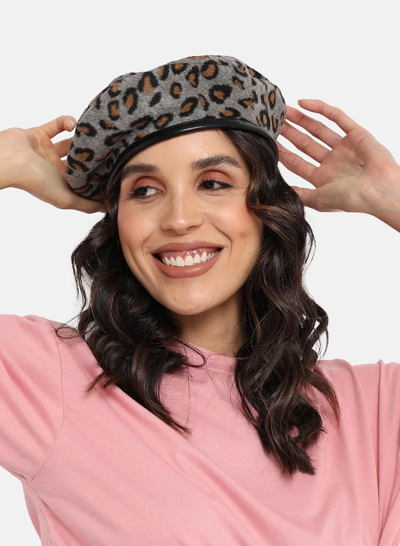 Haute Sauce Leopard Print Beret Hat - Grey