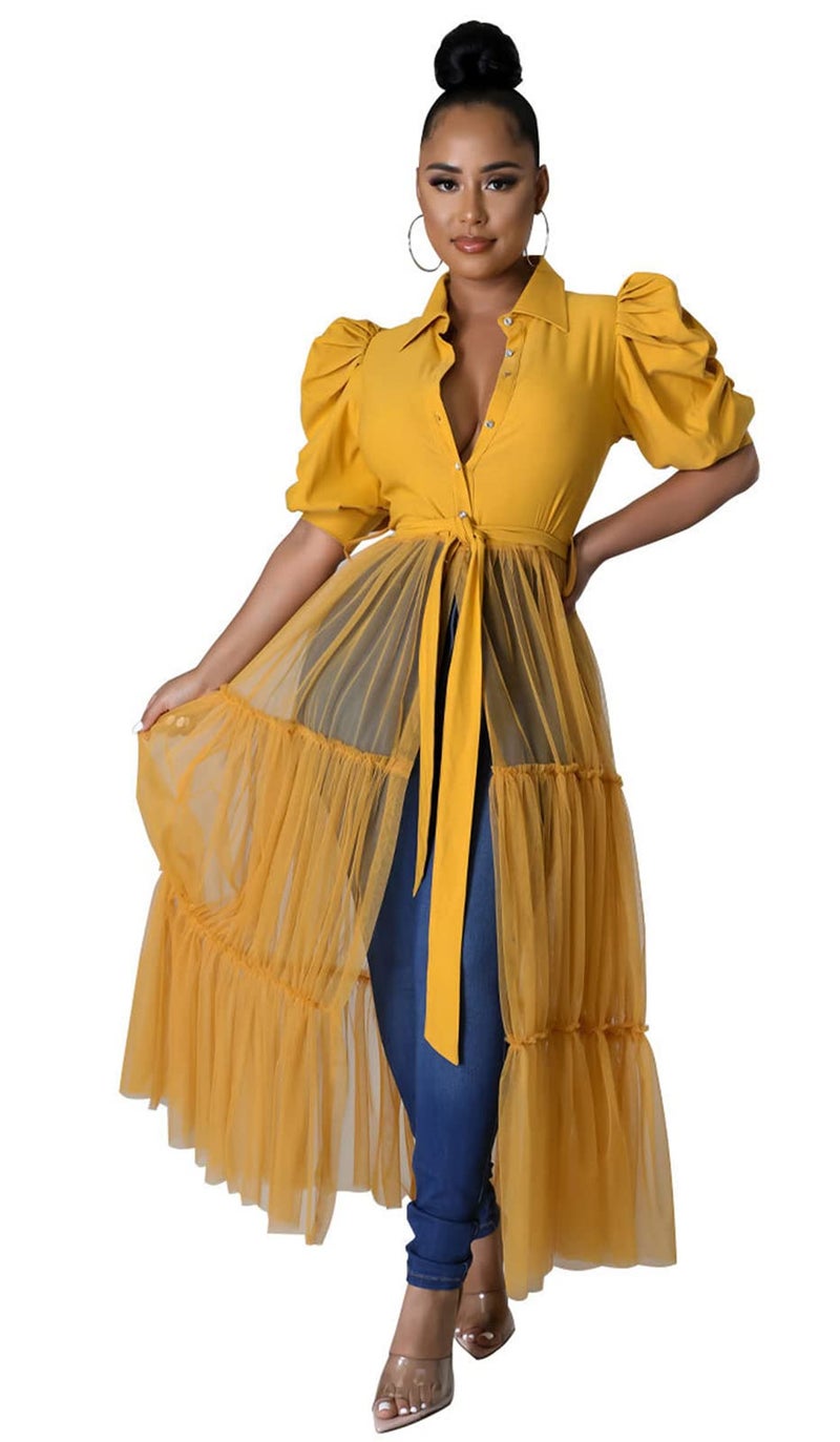 Ekaliy Women's Short Sleeve Round Neck High Low Asymmetrical Irregular Hem Casual Tops Blouse Shirt Dress L Yellow - Image 5