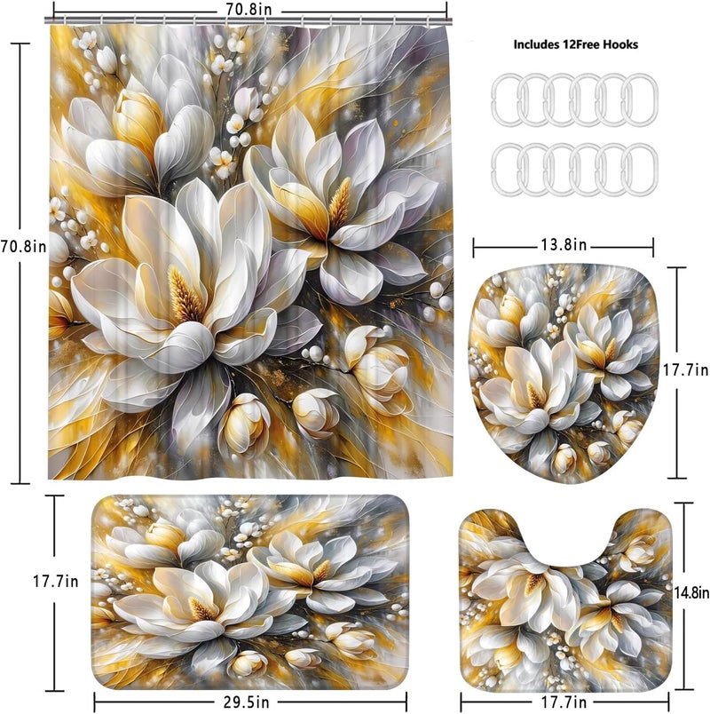 Pretyw 4-Piece Magnolia Flowers Shower Curtain Set Dreamy Beauty Bathroom Set with Shower Curtain and Rugs, Gold White and Gray Bath Curtain with Hooks for Home Decor - Image 5