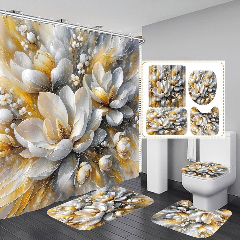 Pretyw 4-Piece Magnolia Flowers Shower Curtain Set Dreamy Beauty Bathroom Set with Shower Curtain and Rugs, Gold White and Gray Bath Curtain with Hooks for Home Decor - Image 1
