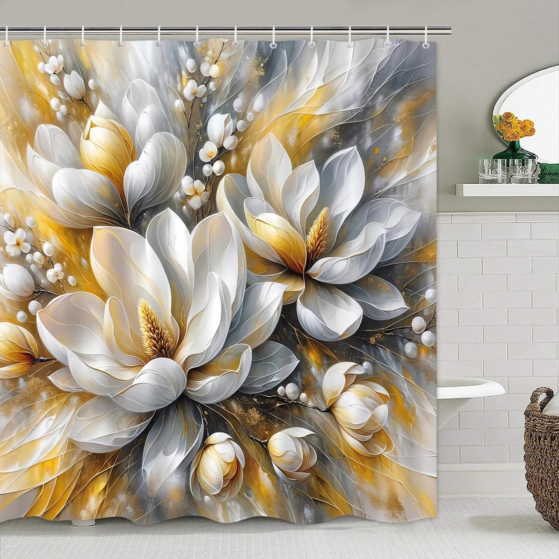 Pretyw 4-Piece Magnolia Flowers Shower Curtain Set Dreamy Beauty Bathroom Set with Shower Curtain and Rugs, Gold White and Gray Bath Curtain with Hooks for Home Decor - Image 2