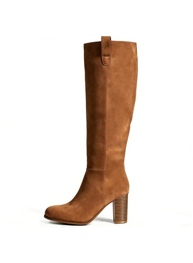 Vipost 3.3-inch Round Toe Fall Boots for Women,Suede Knee High Chunky Block Boots,Tall Long High Heel Boot with Side Zipper, Fall Winter Fasion 2025, Brown, 8.5 - Image 1