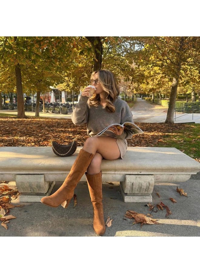 Vipost 3.3-inch Round Toe Fall Boots for Women,Suede Knee High Chunky Block Boots,Tall Long High Heel Boot with Side Zipper, Fall Winter Fasion 2025, Brown, 8.5 - Image 2