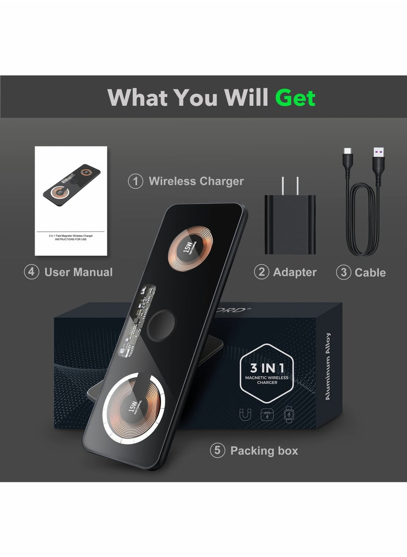 Excefore - 3 in 1 Wireless Charger,Transparent Magnetic Charging Station,Fast Wireless Charging Pad for iPhone 14/13/12/Pro/Max/SE,AirPods Pro,for iWatch,for Samsung Galaxy Phones(Adapter Included) - Image 1