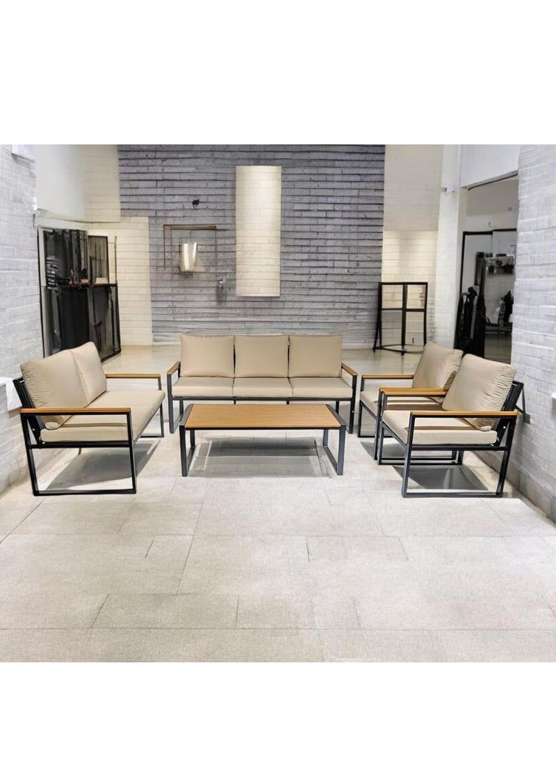 l'elefante Modern Arabic 7-Seater Iron Outdoor Majlis Sofa Set with Foam Cushions – 3-Seater + 2-Seater + 2 Single Chairs + Coffee Table – Durable Rust-Resistant Frame – Outdoor Garden Patio Lounge for Villa, Balcony, Farm or Rooftop - Image 2