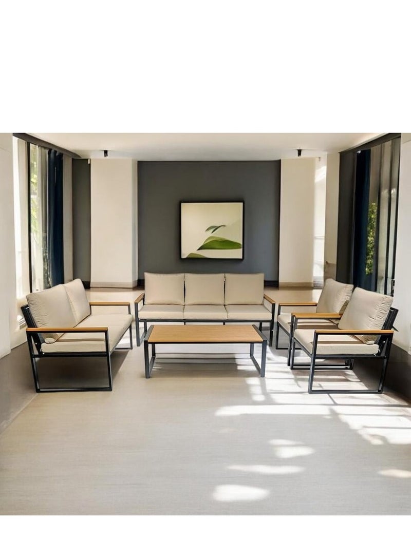 l'elefante Modern Arabic 7-Seater Iron Outdoor Majlis Sofa Set with Foam Cushions – 3-Seater + 2-Seater + 2 Single Chairs + Coffee Table – Durable Rust-Resistant Frame – Outdoor Garden Patio Lounge for Villa, Balcony, Farm or Rooftop - Image 3