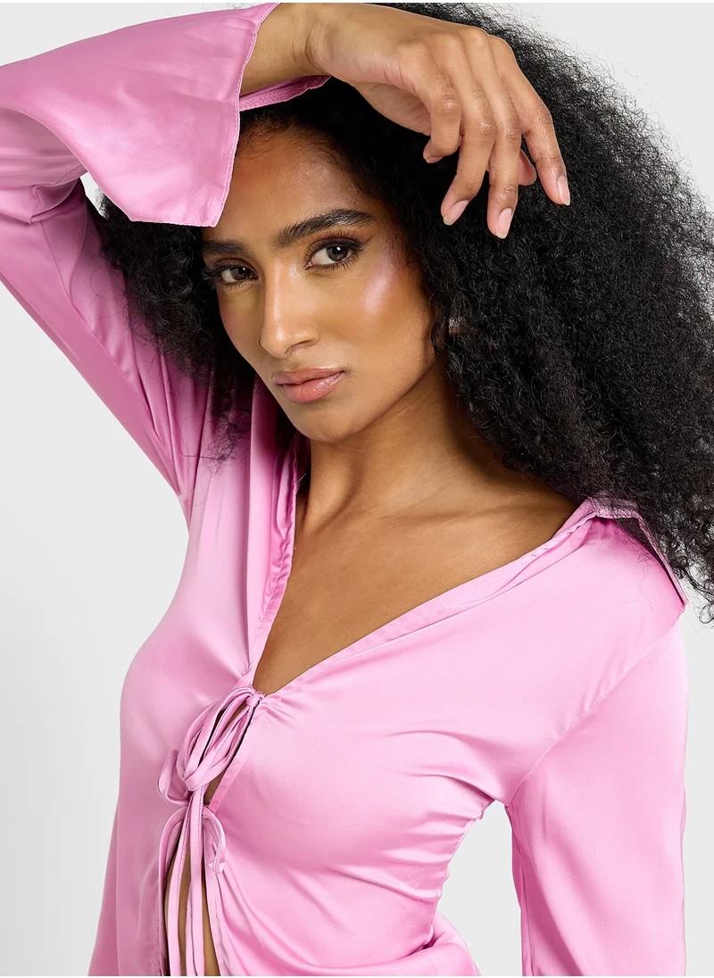 Ginger Plunge Neck Tie Up Detail Satin Shirt