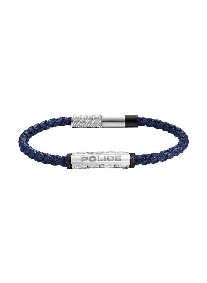 Police Warren Blue Leather With Stainless Steel Wing Logo Gents BraceletPEAGB0033602