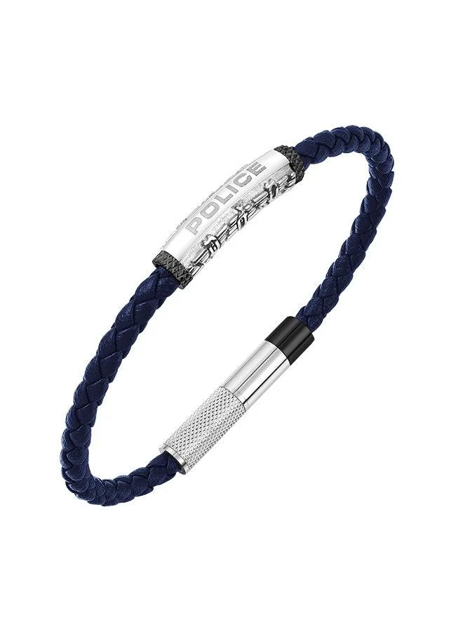 Police Warren Blue Leather With Stainless Steel Wing Logo Gents BraceletPEAGB0033602
