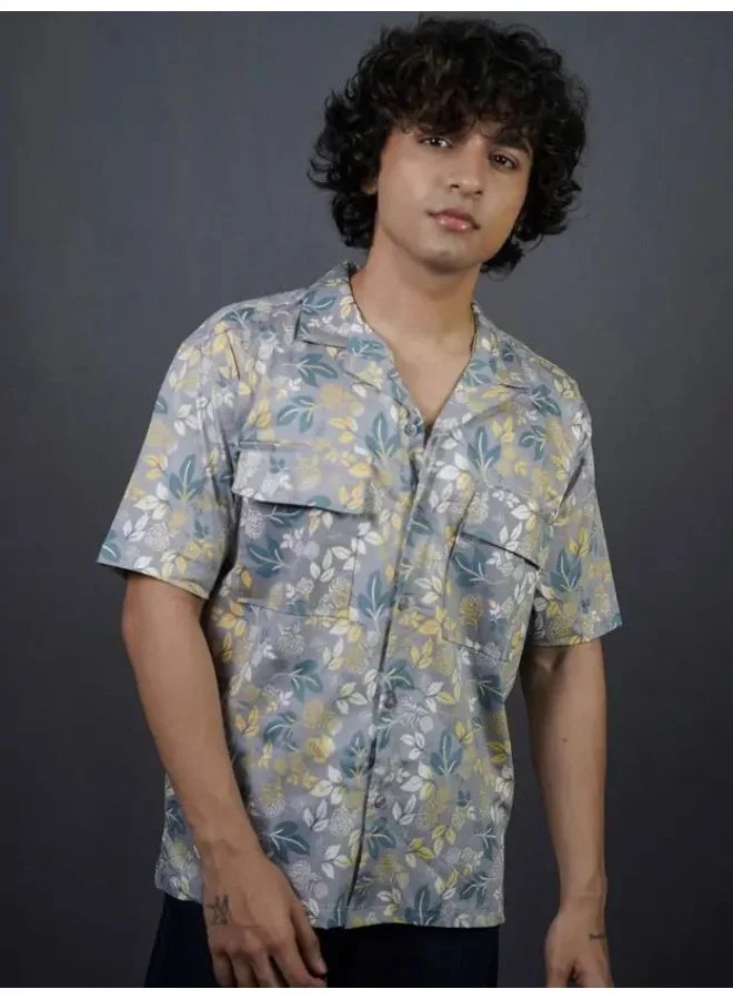 مانياك قميص مانياك رجالي قطن مقاس كبير بطبعة كاملة لون رمادي داكن