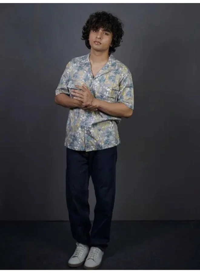 مانياك قميص مانياك رجالي قطن مقاس كبير بطبعة كاملة لون رمادي داكن