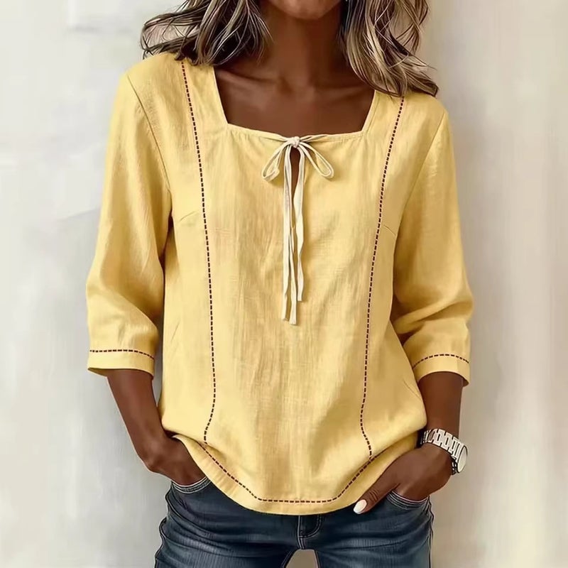2026 Summer Loose Casual Printed Tie Square Neck Blouse for Women - Image 4