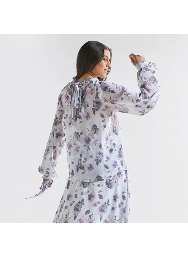 Splash FAV All-Over Floral Print High Neck Top with Long Sleeves and Tie-Ups