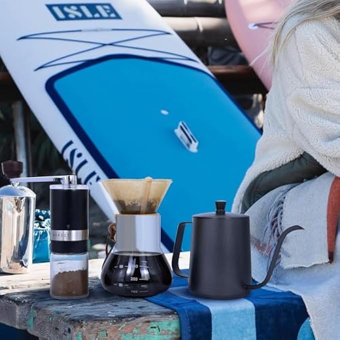 PENG GENERAL Premium Pour Over Coffee Maker Set Black 8Piece Kit With Gooseneck Kettle Manual Grinder Glass Server Filters Cleaning Brush For Home Brewing - Image 3