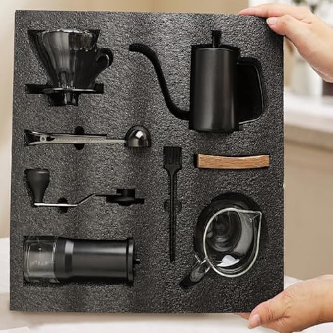 PENG GENERAL Premium Pour Over Coffee Maker Set Black 8Piece Kit With Gooseneck Kettle Manual Grinder Glass Server Filters Cleaning Brush For Home Brewing - Image 1