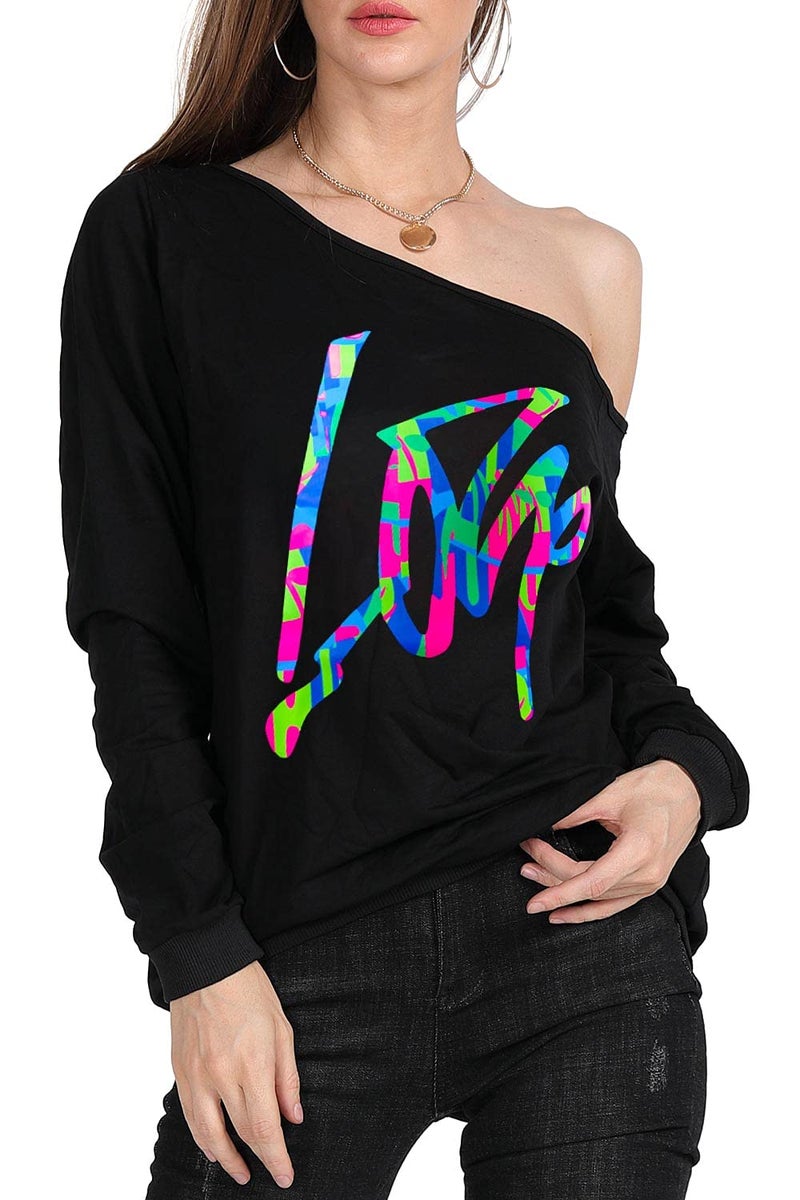 MAGICMK Women's Off Shoulder Long Sleeve,80s Outfit Sweatshirt Slouchy Printed Neon Long Tunics Top for Party-2XL - Image 5