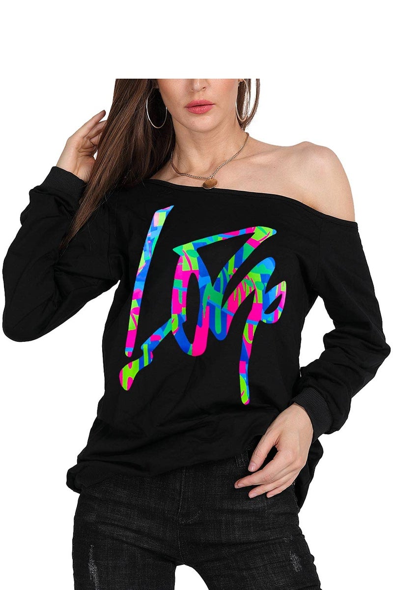 MAGICMK Women's Off Shoulder Long Sleeve,80s Outfit Sweatshirt Slouchy Printed Neon Long Tunics Top for Party-2XL - Image 2