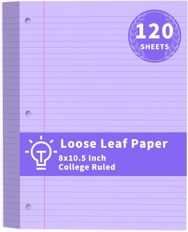 PINJINGPRO ورق بنفسجي من نوع Loose Leaf، 120 ورقة، مقاس 8 بوصة × 10.5 بوصة، مزود بخطوط تنظيمية، ملون، مثقوب بثلاث ثقوب، مزود بخطوط، مناسب لمجلدات ذات ثلاث حلقات، مناسب لمستلزمات المكتب والمدرسة. - Image 1