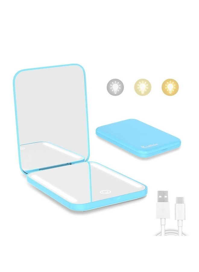 Kintion Rechargeable Pocket Mirror, Double Sided 1X/3X Magnification Compact Vanity Mirror, 3 Color Lights, Dimmable, Small Portable Wallet Mirror, Lighted Travel Mirror For Women Gifts, Blue - Image 1