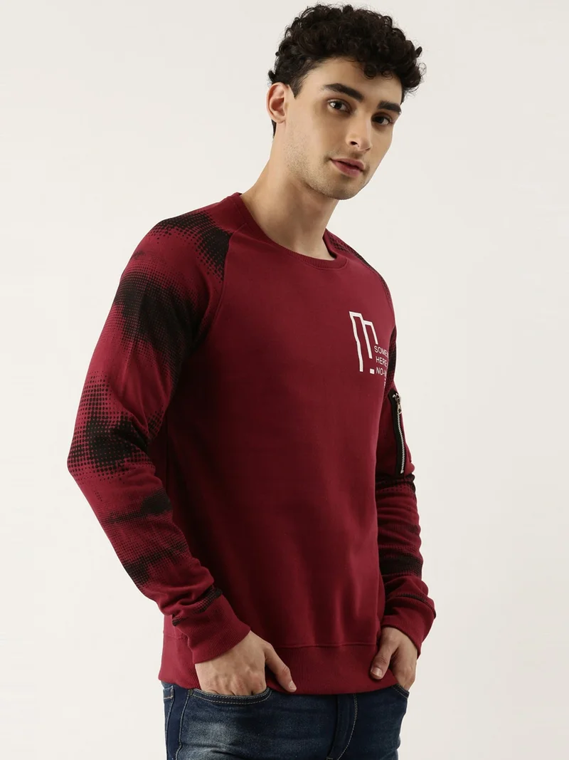 Maniac Maniac Printed Mens Full sleeve Round Neck Maroon and Black Cotton Slim Fit Sweatshirt