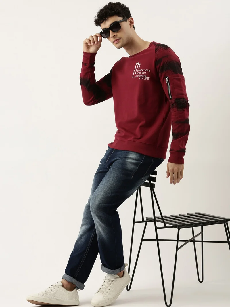 Maniac  Maniac Printed Mens Full sleeve Round Neck Maroon and Black Cotton Slim Fit Sweatshirt for Men | Best Price UAE