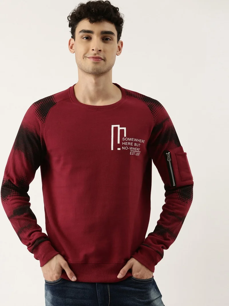 Maniac Maniac Printed Mens Full sleeve Round Neck Maroon and Black Cotton Slim Fit Sweatshirt