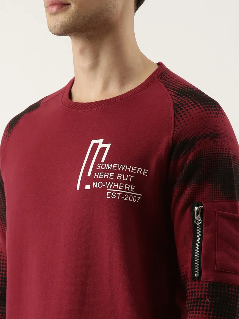 Maniac  Maniac Printed Mens Full sleeve Round Neck Maroon and Black Cotton Slim Fit Sweatshirt for Men | Best Price UAE