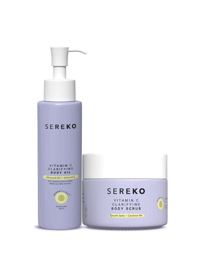 SEREKO Vitamin C Body  Clarifying Body Scrub 100 g, Clarifying Body Oil 100 ml, Exfoliator for all Skin Types, Natural, Cruelty free, Vegan,Clean Beauty for Gifting and Personal Use - Image 1