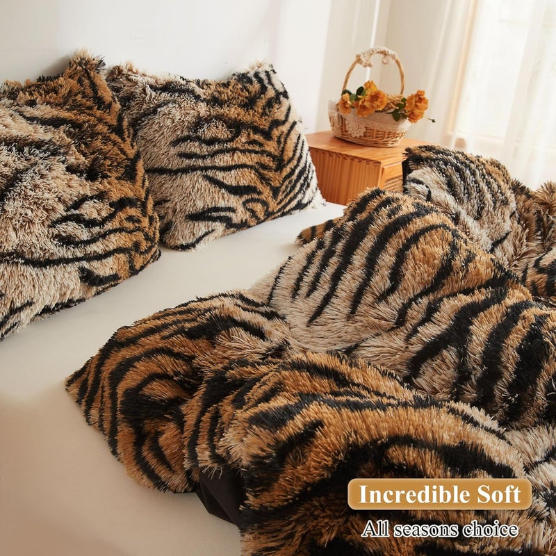 XeGe Tiger Print Faux Fur Fluffy Pillowcases, Plush Shaggy Soft Long Pillow Covers, Fuzzy Animal Print Pillow Cases, Furry Pillow Shams for Bed Couch Zipper Closure, 2 Pack(King, Tiger Print Brown) - Image 5