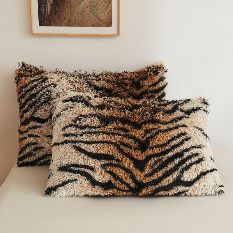 XeGe Tiger Print Faux Fur Fluffy Pillowcases, Plush Shaggy Soft Long Pillow Covers, Fuzzy Animal Print Pillow Cases, Furry Pillow Shams for Bed Couch Zipper Closure, 2 Pack(King, Tiger Print Brown) - Image 1