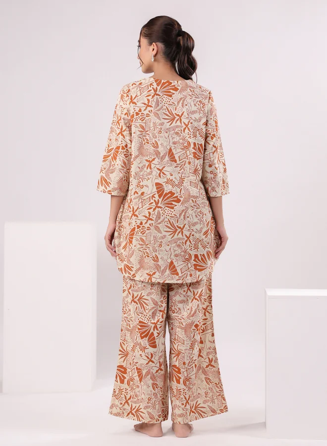 sanskrutihomes Beige Tropical Round Neck Cotton Top and Pyjama Set