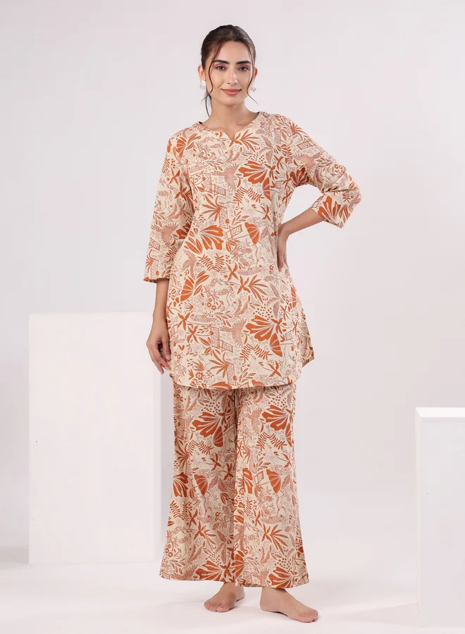 sanskrutihomes Beige Tropical Round Neck Cotton Top and Pyjama Set