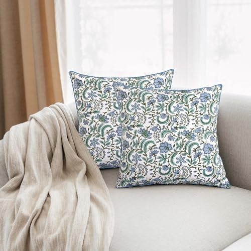 Ridhi Block Print Columbia Blue Pillow Cover 20 x 20 Pack of 2 Decorative Couch Pillows for Living Room Chic Boho Cute Outdoor Pillows Covers Gifts for Spring Easter and Valentine - Image 3
