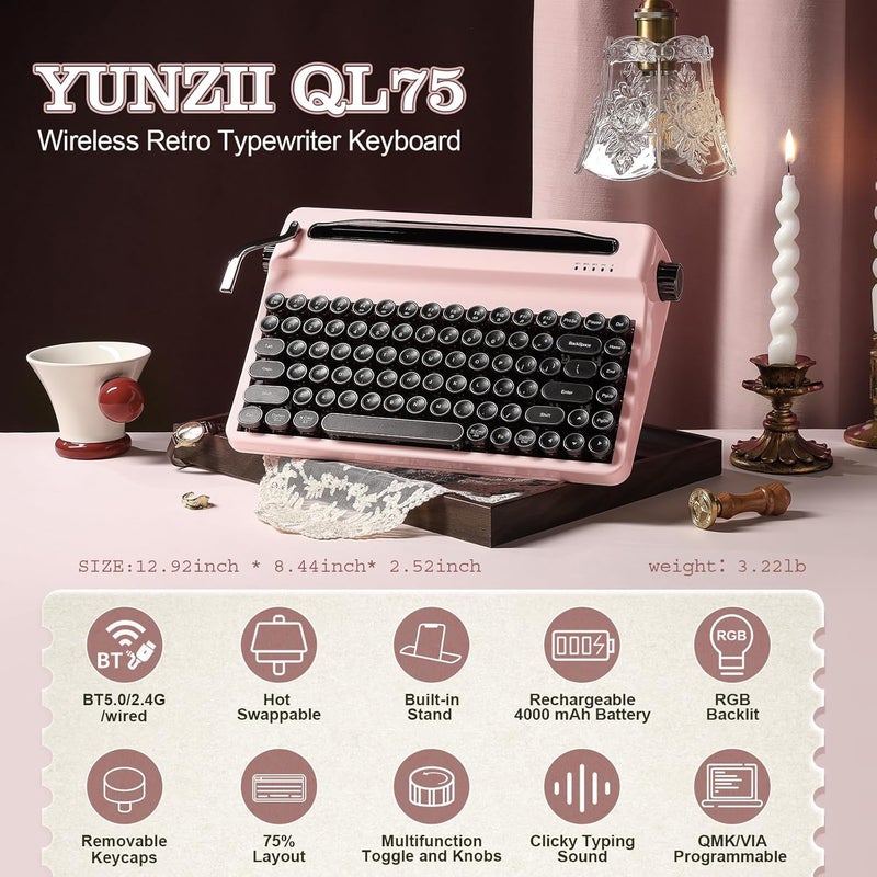 لوحة مفاتيح ميكانيكية رجعية لاسلكية من نوع YUNZII QL75 مع إمكانية التبديل السريع، أزرار مستديرة على طراز البانك، إضاءة خلفية RGB قابلة للبرمجة عبر QMK/VIA، لوحة مفاتيح متعددة الأجهزة مع 2.4GHz/Type-C/BT5.0 (وردي، مفتاح Onyx) - Image 2