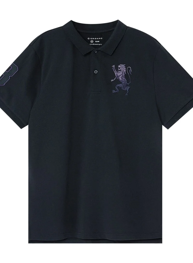 GIORDANO Men's 3D Lion Polo: Slim Fit, Bold Embroidery, Premium Pique