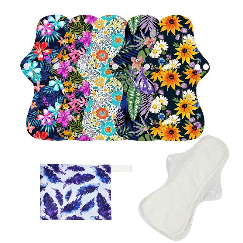 MissC2C 6pcs/Set Resuable Washable Incontinence Pads, Waterproof Organic Bamboo Resuable Menstrual Pads Sets, Including 5pcs Heavy Flow Cloth Mama Sanitary Napkins + 1pc Mini Wet Bag - Image 1