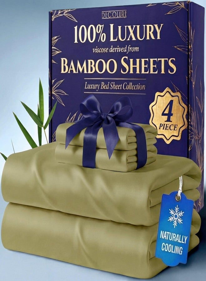 DECOLURE 100% Organic Bamboo Viscose Sheets Queen Size 4 pcs - Ultra Soft & Luxuriously Cooling, 16" Deep Pocket, Double Stitching,Perfect for Hot Sleepers - Luxury Queen Bed Sheets Set (Light Olive) - Image 1