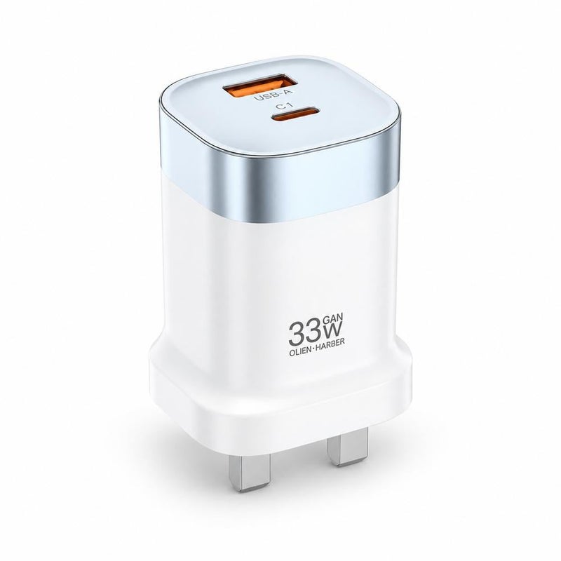 Denx DX238 33W GaN Fast Charger USB-C PD + USB-A Dual Port Wall Charger, UK 3-Pin Power Adapter Compatible with iPhone 16/15/14, Samsung Galaxy S25/S24/S23, Xiaomi, Redmi, Oppo, Vivo, Huawei, iPad & Tablets, 1 Year Warranty - Image 1