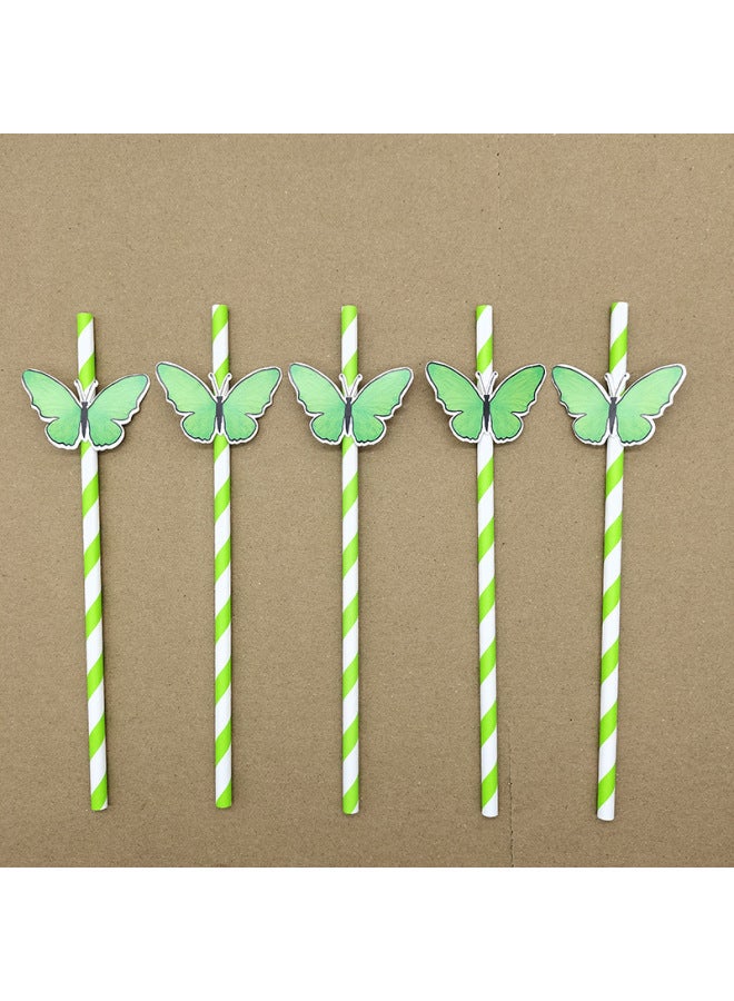 Butterfly Card Straw Disposable Degradable Paper Straw Dessert Milk Tea Bar Cocktail Party Decorative Straw-Color:Butterfly Card Powder Striped Straw  - Image 3