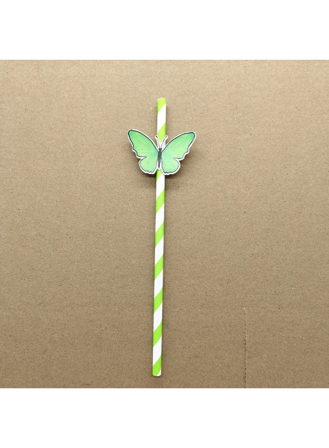Butterfly Card Straw Disposable Degradable Paper Straw Dessert Milk Tea Bar Cocktail Party Decorative Straw-Color:Butterfly Card Powder Striped Straw  - Image 4