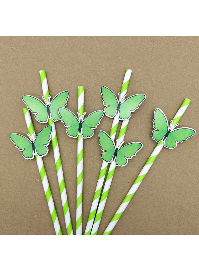Butterfly Card Straw Disposable Degradable Paper Straw Dessert Milk Tea Bar Cocktail Party Decorative Straw-Color:Butterfly Card Powder Striped Straw  - Image 2