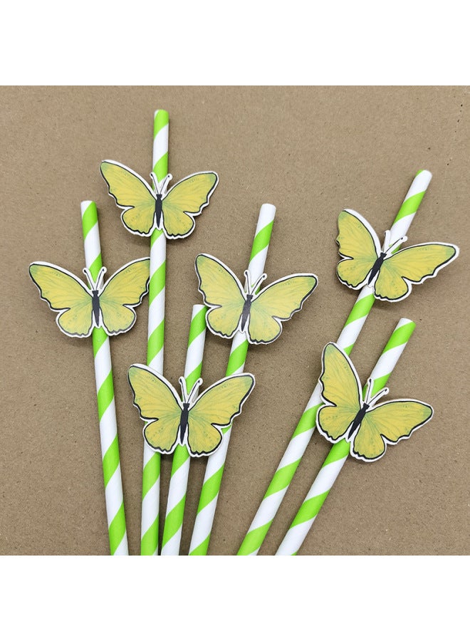 Butterfly Card Straw Disposable Degradable Paper Straw Dessert Milk Tea Bar Cocktail Party Decorative Straw-Color:Butterfly Card Powder Striped Straw  - Image 5
