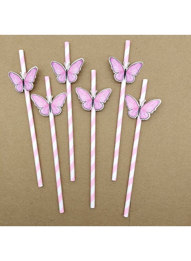Butterfly Card Straw Disposable Degradable Paper Straw Dessert Milk Tea Bar Cocktail Party Decorative Straw-Color:Butterfly Card Powder Striped Straw  - Image 1